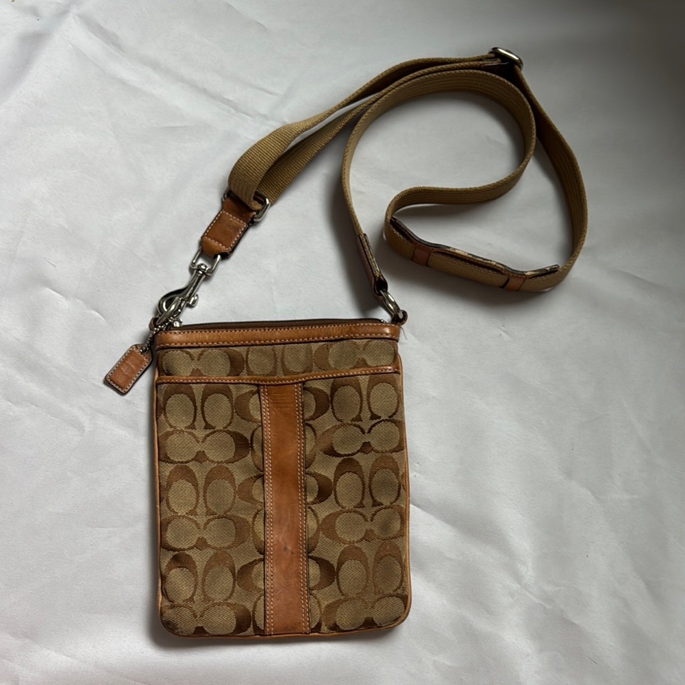 COACH Signature Jacquard Crossbody Bag, Tan Coach Crossbody Purse, Leather Trim